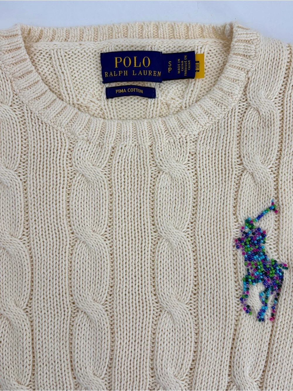 POLO RALPH LAUREN Beaded Big Pony Sweater Women’s S Cream Cable Knit Pima Cotton - Picture 13 of 13